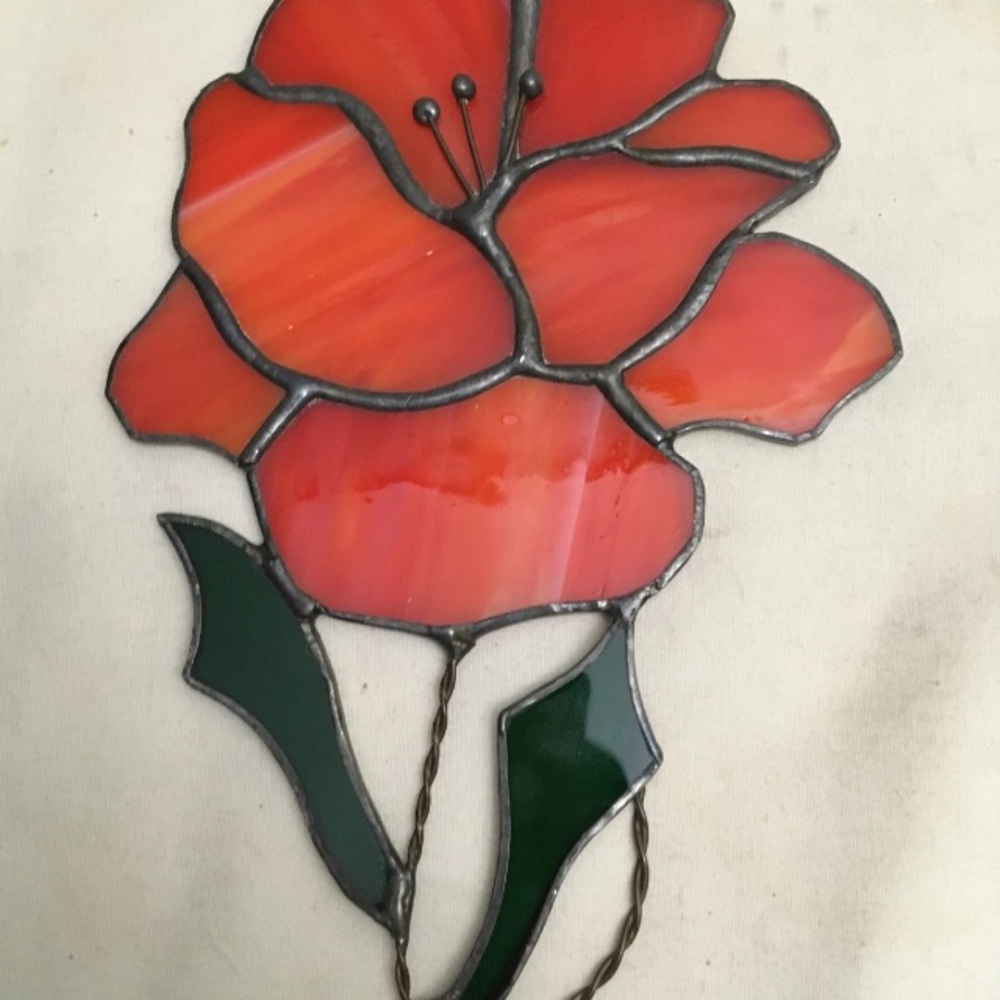 Handmade Stained Glass Red Hibiscus Flower Ornament Green Leaves Approx 7 x 5 In